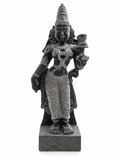 Hand-carved 2.25 ft Subramanya Swamy with Valli and Deivanai statue in natural stone, product view 3 showing the three figures.