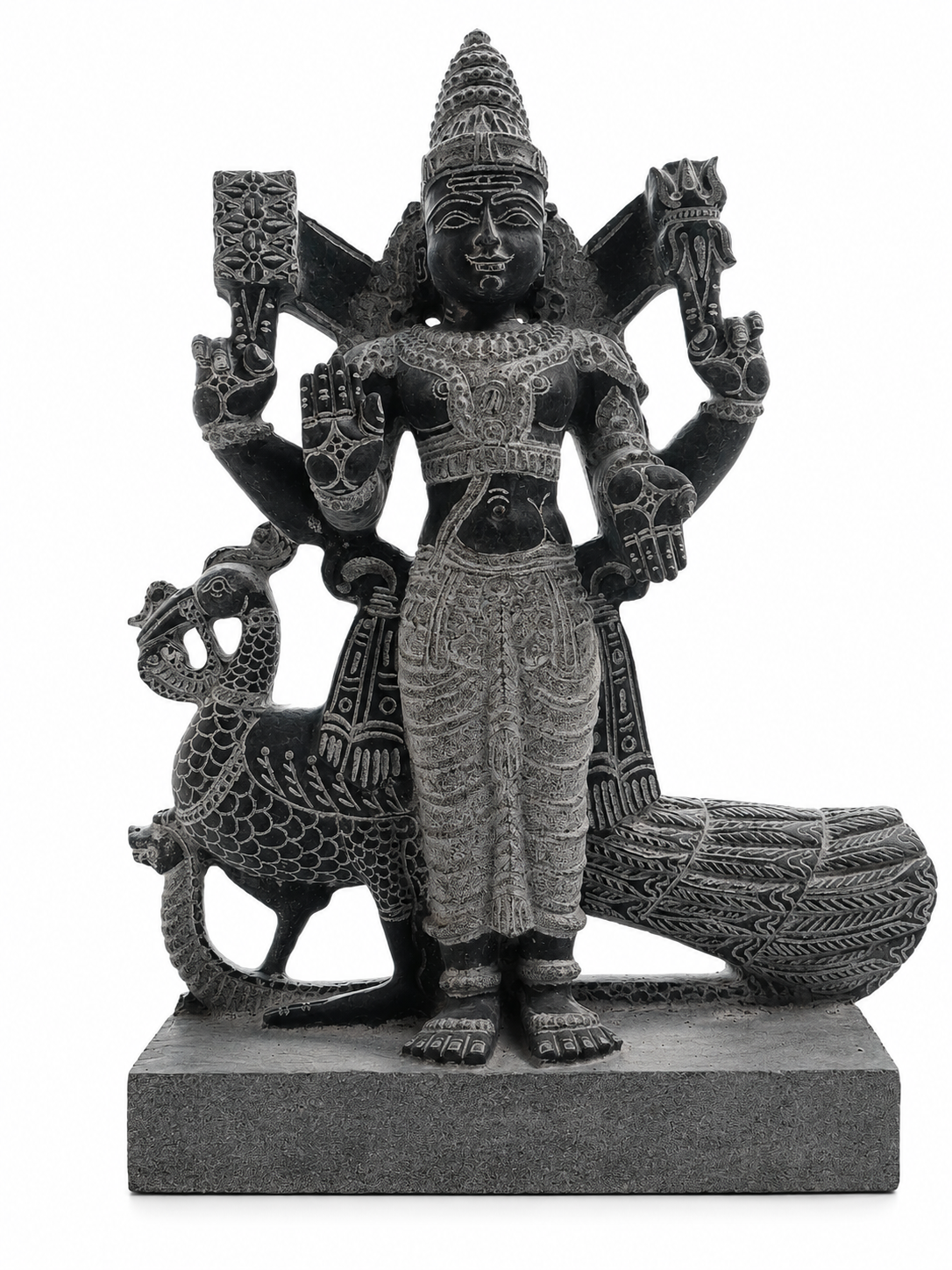 Hand-carved 2.25 ft Subramanya Swamy with Valli and Deivanai statue in natural stone, product view 4 showing the three figures.