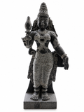 Hand-carved 2.25 ft Subramanya Swamy with Valli and Deivanai statue in natural stone, product view 5 showing the three figures.