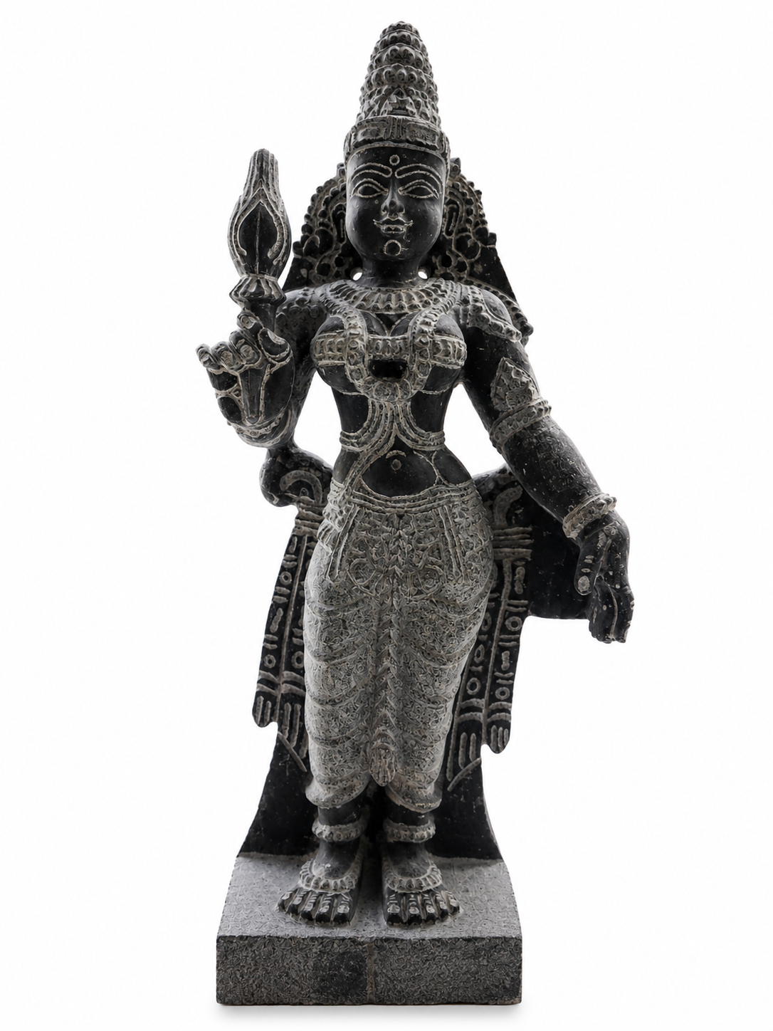 Hand-carved 2.25 ft Subramanya Swamy with Valli and Deivanai statue in natural stone, product view 5 showing the three figures.