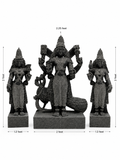 Dimension guide for a hand-carved 2.25 ft Subramanya Swamy with Valli and Deivanai statue in polished black stone.