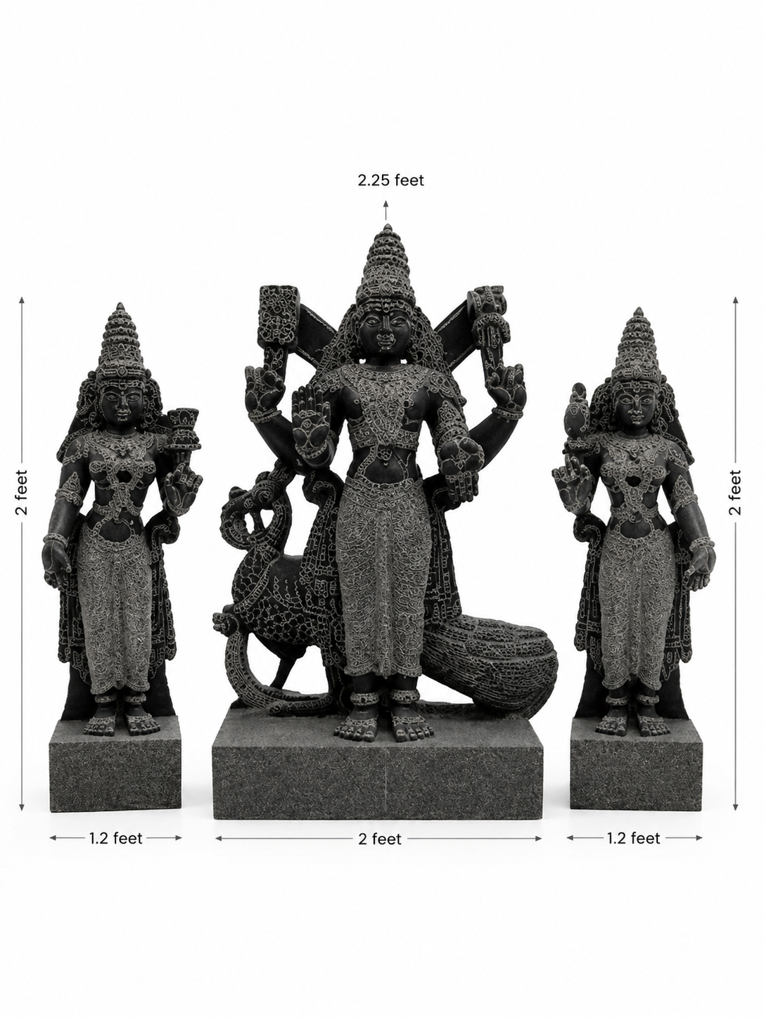 Dimension guide for a hand-carved 2.25 ft Subramanya Swamy with Valli and Deivanai statue in polished black stone.