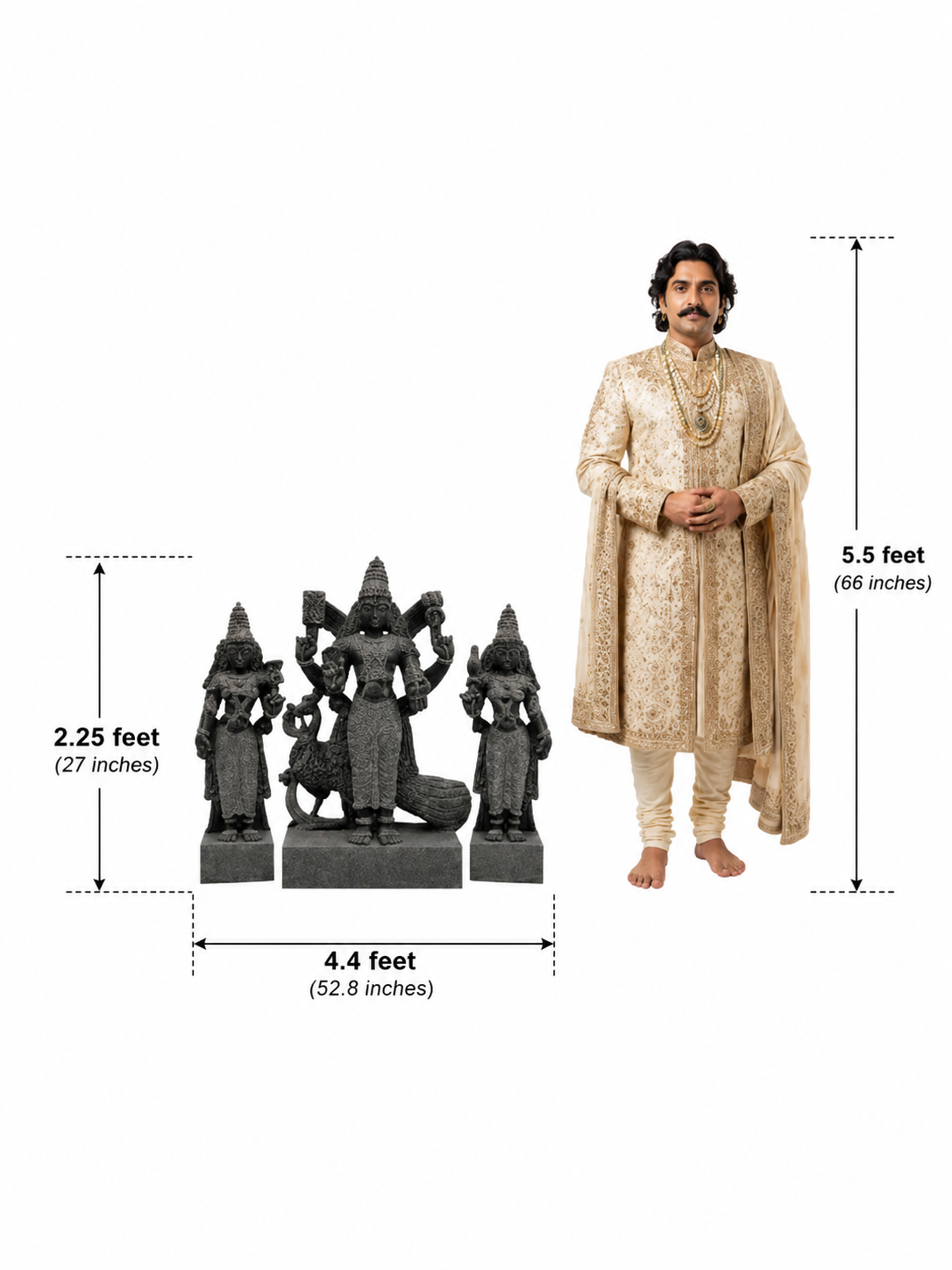 Hand-carved 2.25 ft Subramanya Swamy with Valli and Deivanai statue in polished black stone shown with an adult model.