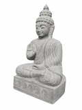 Hand-carved 2.3 ft Seated Buddha in Blessing Mudra Statue in natural Charnockite stone, product view 1 showing the sculpture and carved details.