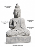 Hand-carved 2.3 ft Seated Buddha in Blessing Mudra Statue in natural Charnockite stone, product view 2 showing the sculpture and carved details.