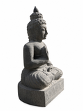Hand-carved 2.3 ft Seated Buddha in Blessing Mudra Statue in natural Charnockite stone, product view 3 showing the sculpture and carved details.