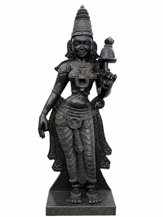 Hand-carved 2.5 ft Andal statue in natural stone, product view 1 highlighting the goddess form and carved details.