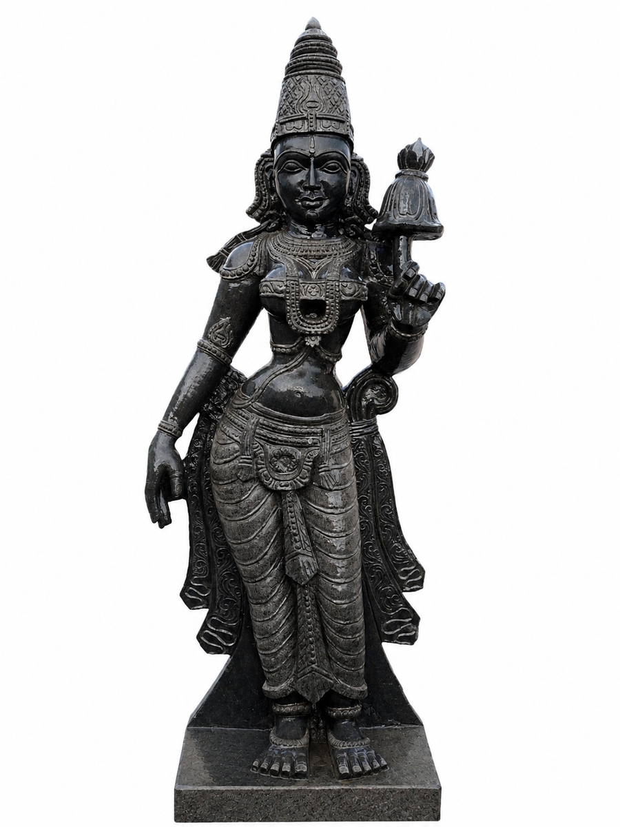 Hand-carved 2.5 ft Andal statue in natural stone, product view 1 highlighting the goddess form and carved details.