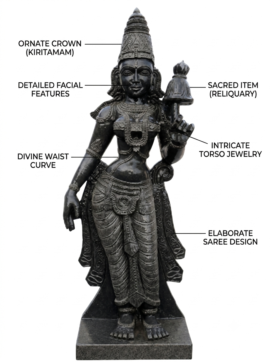 Hand-carved 2.5 ft Andal statue in natural stone, product view 2 highlighting the goddess form and carved details.
