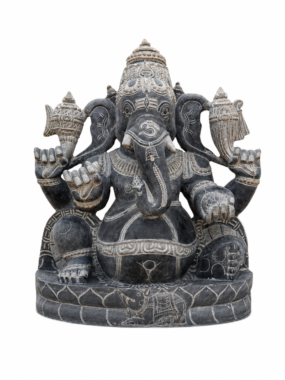 Hand-carved 2.5 ft Ganapathy Ganesha statue in natural Charnockite stone, product view 1 highlighting the deity form and carved details.