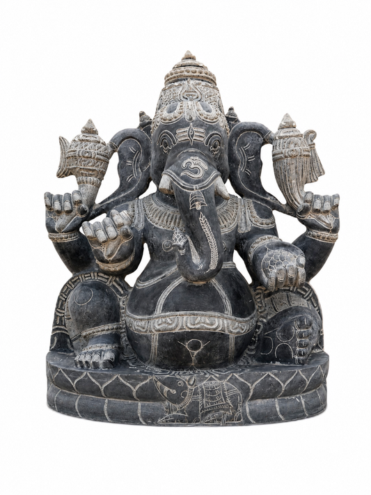 Hand-carved 2.5 ft Ganapathy Ganesha statue in natural Charnockite stone, product view 1 highlighting the deity form and carved details.