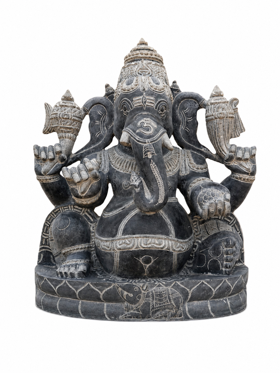 Hand-carved 2.5 ft Ganapathy Ganesha statue in natural Charnockite stone, product view 1 highlighting the deity form and carved details.