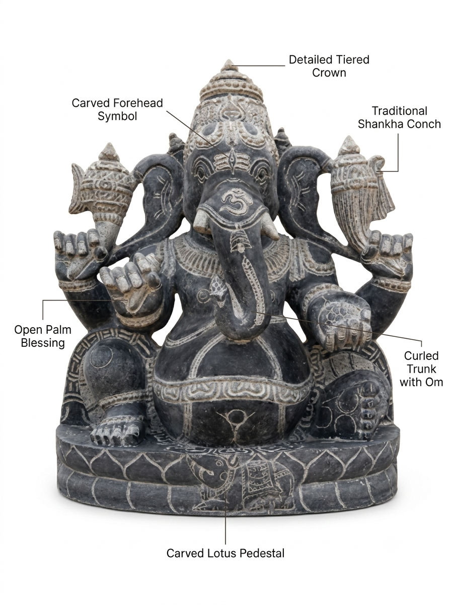 Hand-carved 2.5 ft Ganapathy Ganesha statue in natural Charnockite stone, product view 2 highlighting the deity form and carved details.