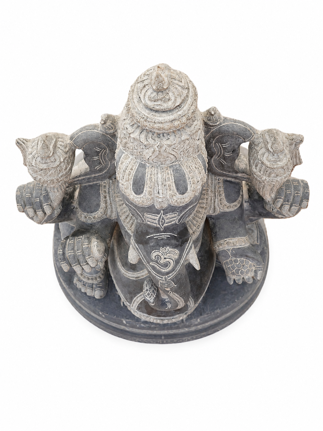 Hand-carved 2.5 ft Ganapathy Ganesha statue in natural Charnockite stone, product view 3 highlighting the deity form and carved details.
