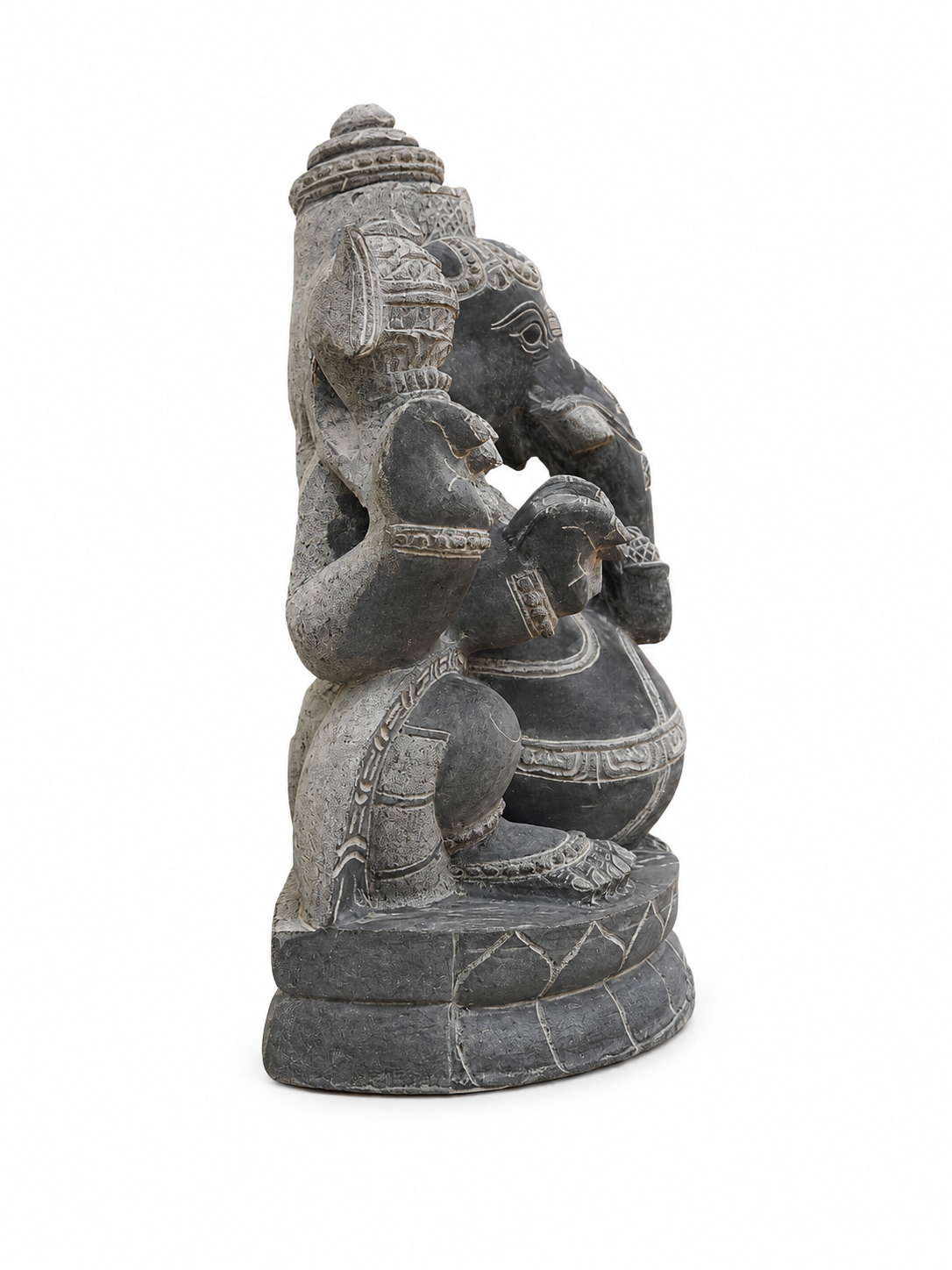 Hand-carved 2.5 ft Ganapathy Ganesha statue in natural Charnockite stone, product view 4 highlighting the deity form and carved details.