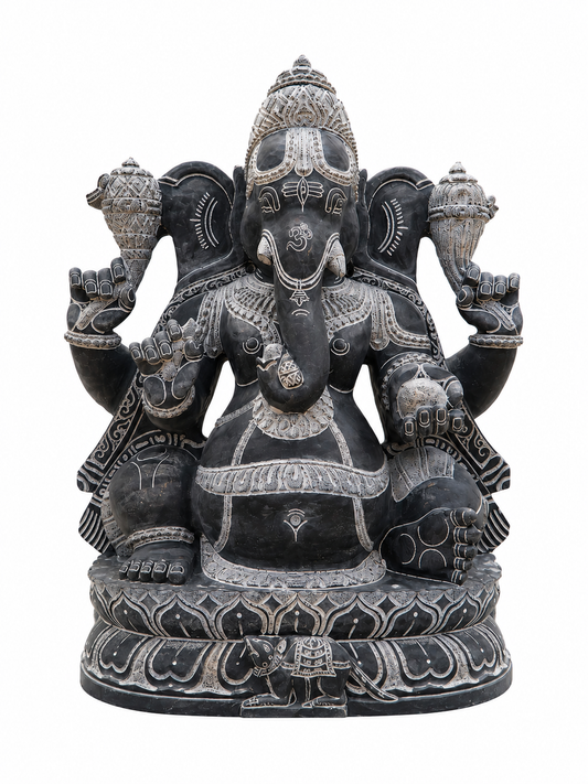 Hand-carved 2.5 ft Ganesha statue in natural stone, product view 1 highlighting the sculpture and carved details.