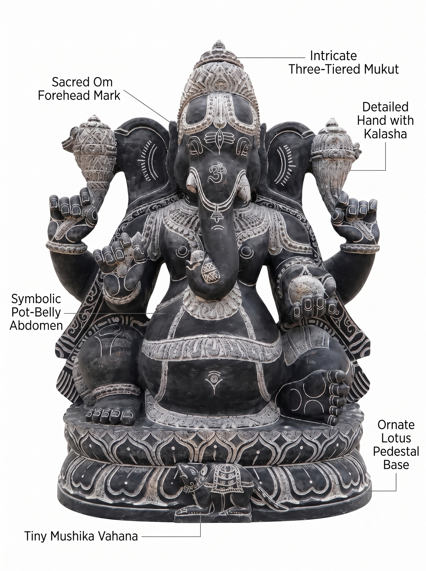 Hand-carved 2.5 ft Ganesha statue in natural stone, product view 2 highlighting the sculpture and carved details.