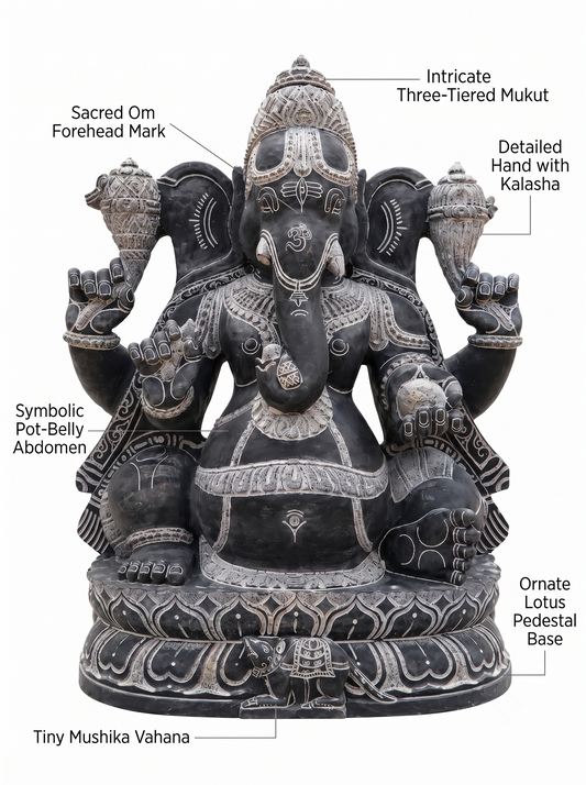 Hand-carved 2.5 ft Ganesha statue in natural stone, product view 2 highlighting the sculpture and carved details.