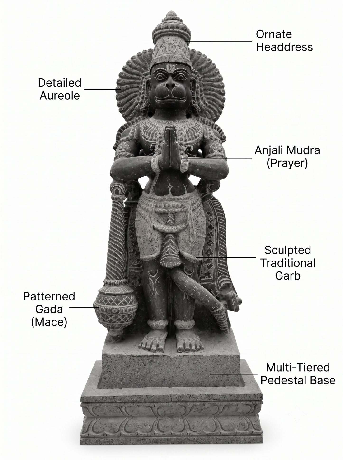 Hand-carved 2.5 ft Hanuman statue in natural stone, product view 2 highlighting the sculpture and carved details.