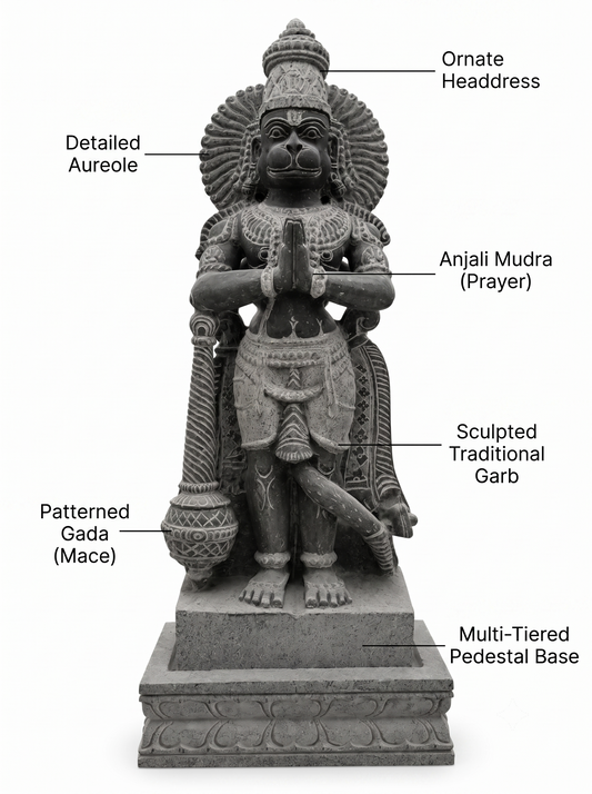 Hand-carved 2.5 ft Hanuman statue in natural stone, product view 2 highlighting the sculpture and carved details.
