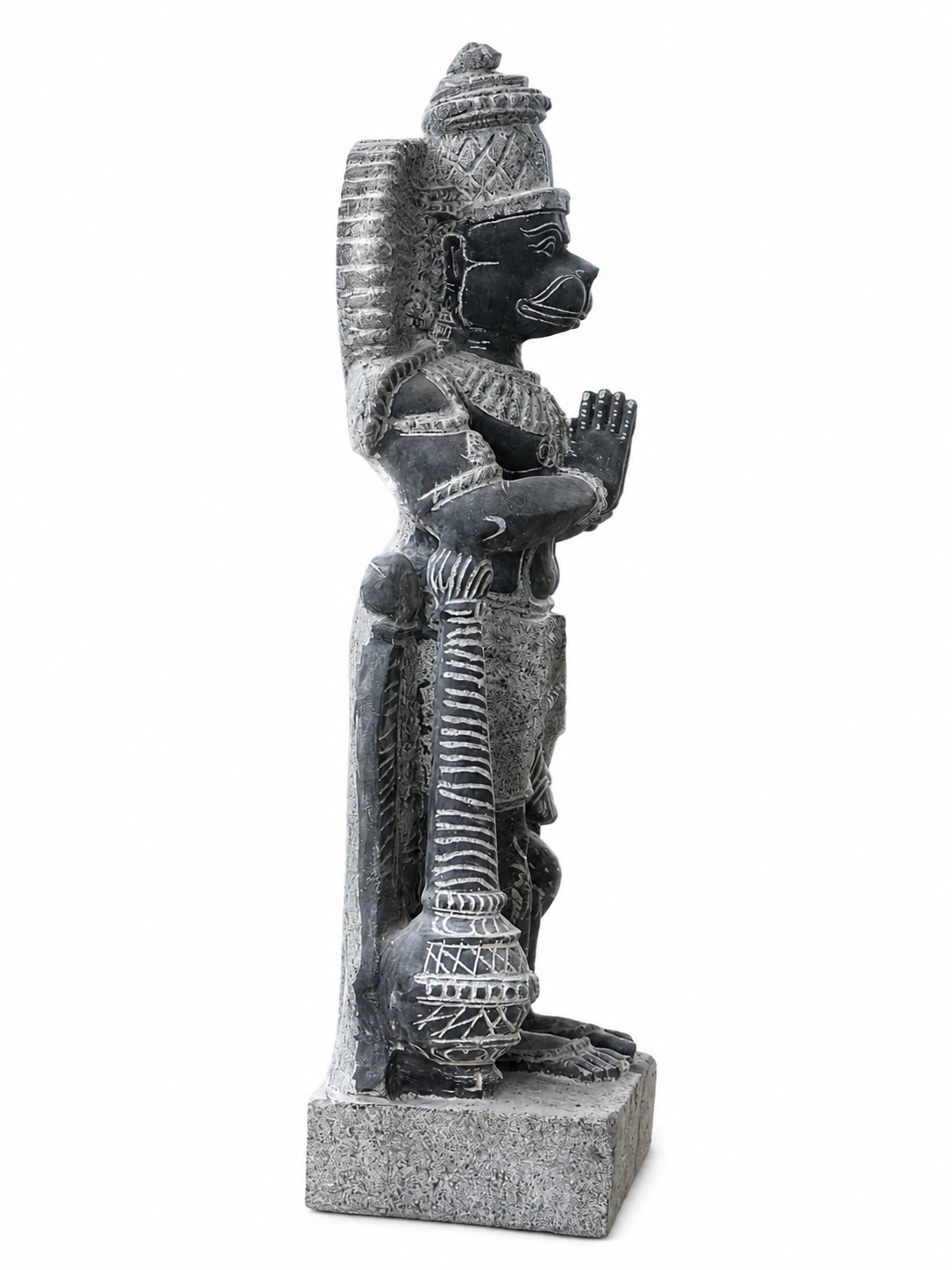 Hand-carved 2.5 ft Hanuman statue in natural stone, product view 4 highlighting the sculpture and carved details.