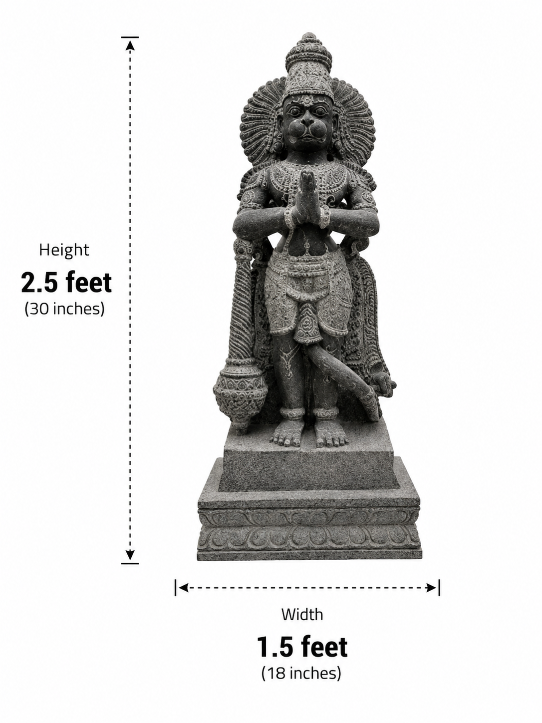 Hand-carved 2.5 ft Hanuman statue in natural stone, product view 5 highlighting the sculpture and carved details.