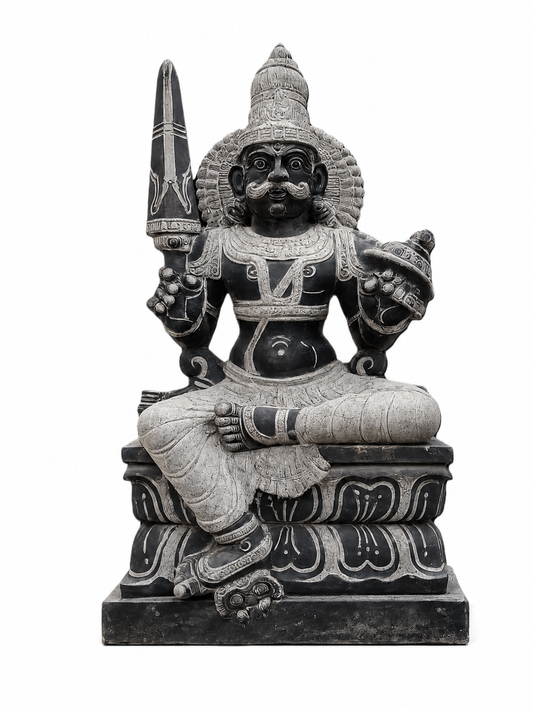 Hand-carved 2.5 ft Munishvaran statue in natural stone, product view 1 highlighting the sculpture and carved details.