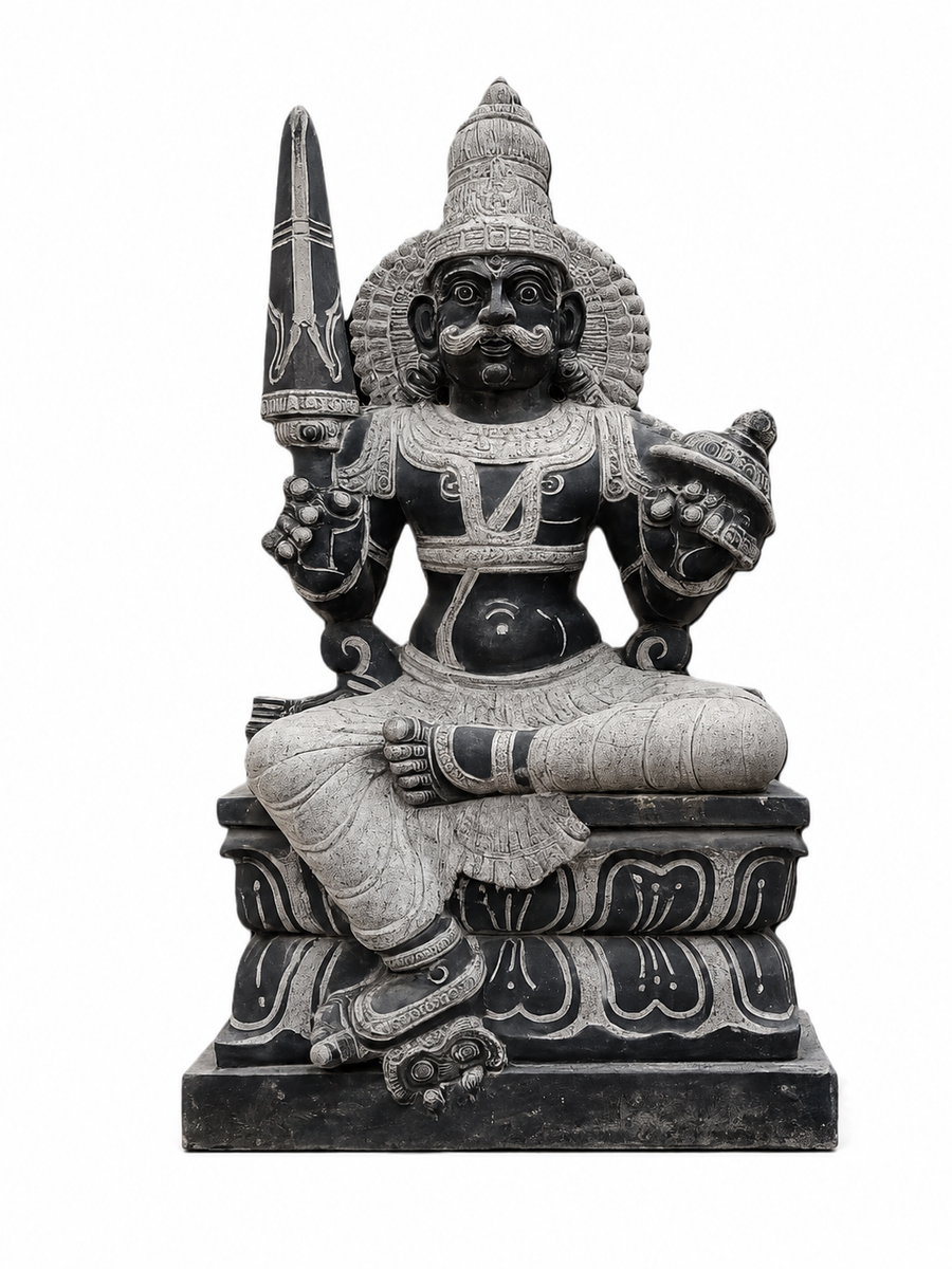 Hand-carved 2.5 ft Munishvaran statue in natural stone, product view 1 highlighting the sculpture and carved details.