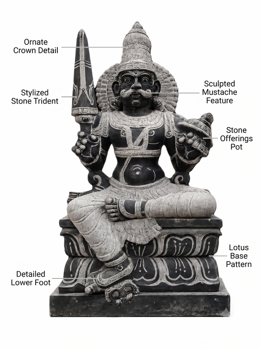 Hand-carved 2.5 ft Munishvaran statue in natural stone, product view 2 highlighting the sculpture and carved details.