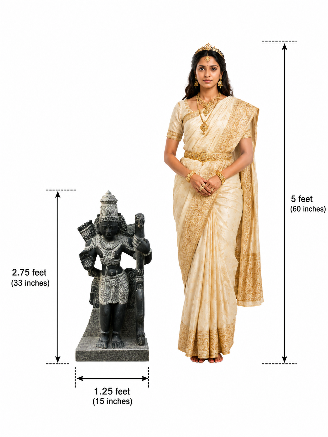 Dimension guide for a hand-carved 2.75 ft Lakshmanan statue in polished black stone on a white background.
