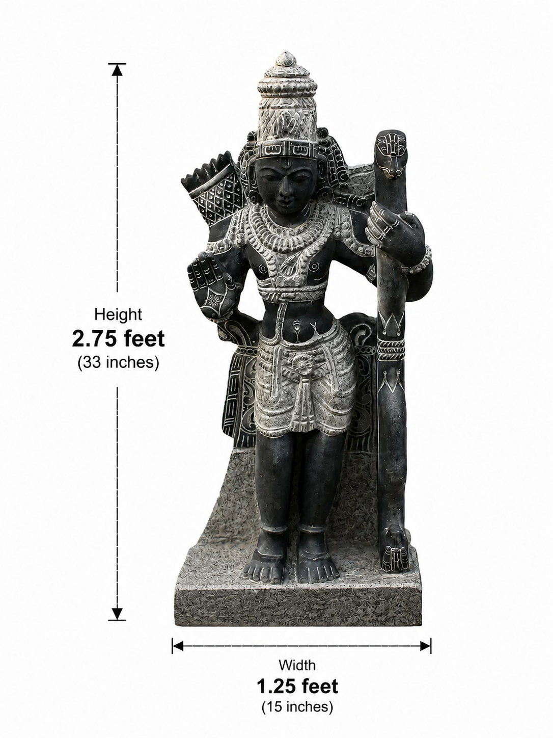 Hand-carved 2.75 ft Lakshmanan statue in polished black stone shown beside an adult model for scale with measurements.