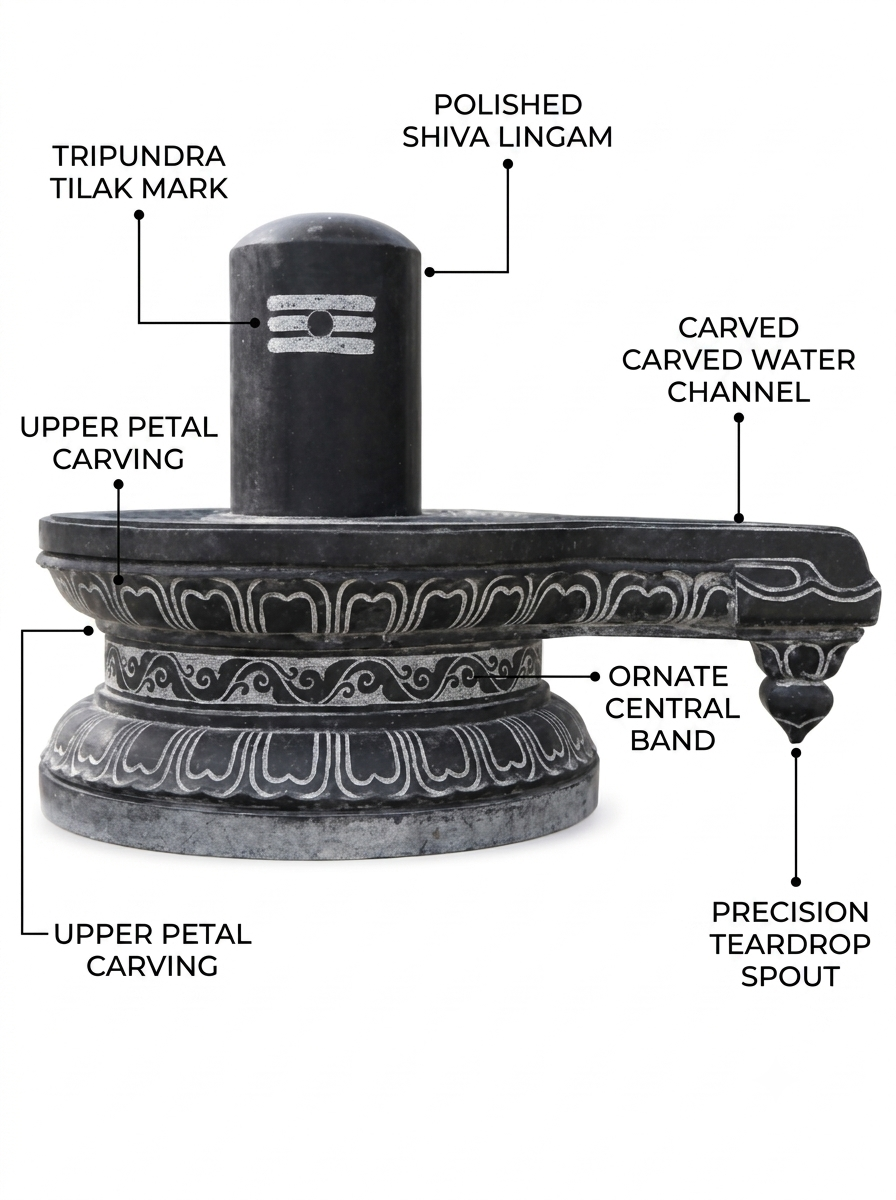 Hand-carved 2.9 ft Shiva Lingam with Ornate Carved Pedestal in natural Charnockite stone, product view 2 showing the sculpture and carved details.
