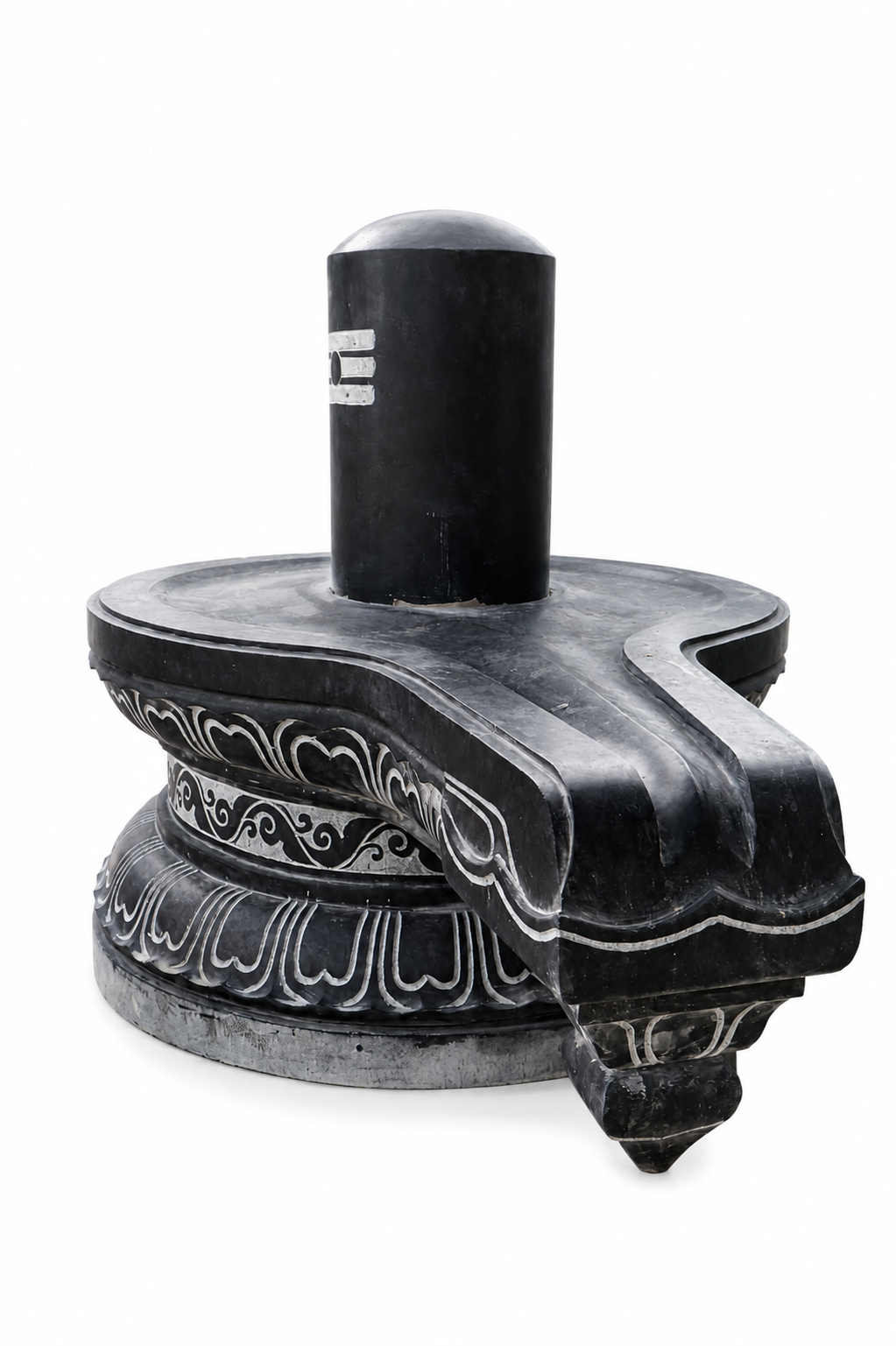 Hand-carved 2.9 ft Shiva Lingam with Ornate Carved Pedestal in natural Charnockite stone, product view 3 showing the sculpture and carved details.
