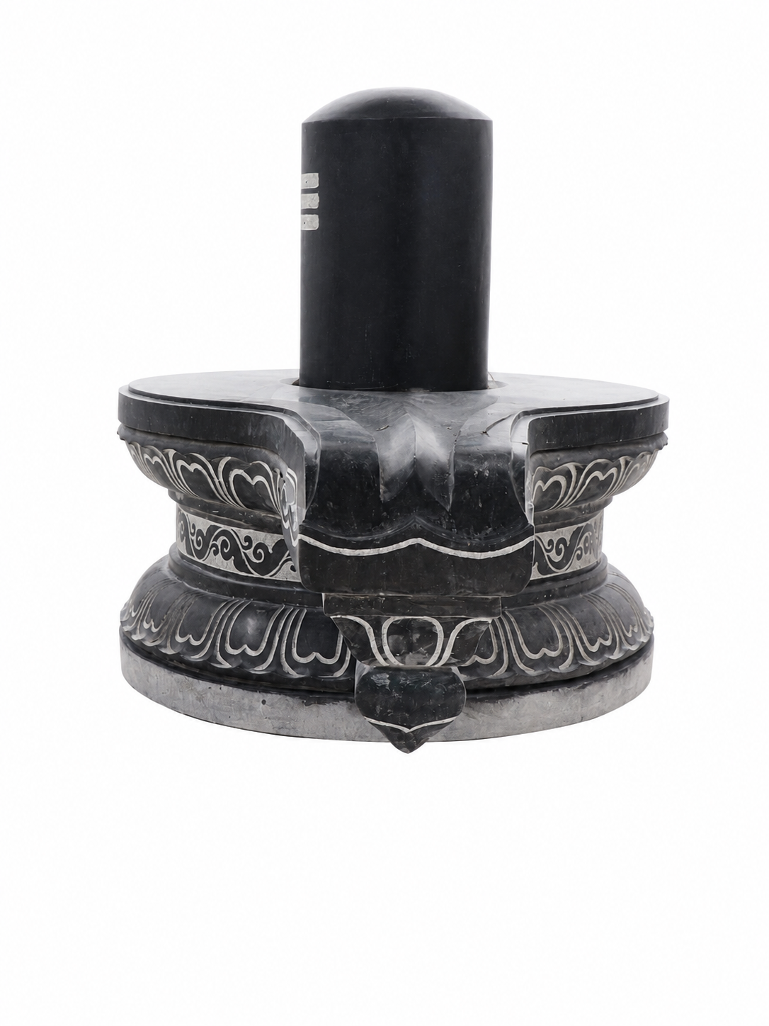 Hand-carved 2.9 ft Shiva Lingam with Ornate Carved Pedestal in natural Charnockite stone, product view 4 showing the sculpture and carved details.