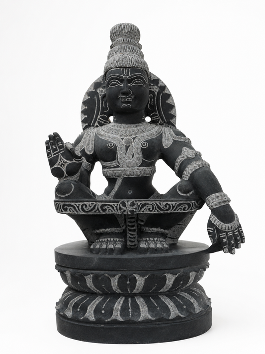 Hand-carved 2 ft Ayyappan statue in natural stone, product view 1 highlighting the sculpture and carved details.