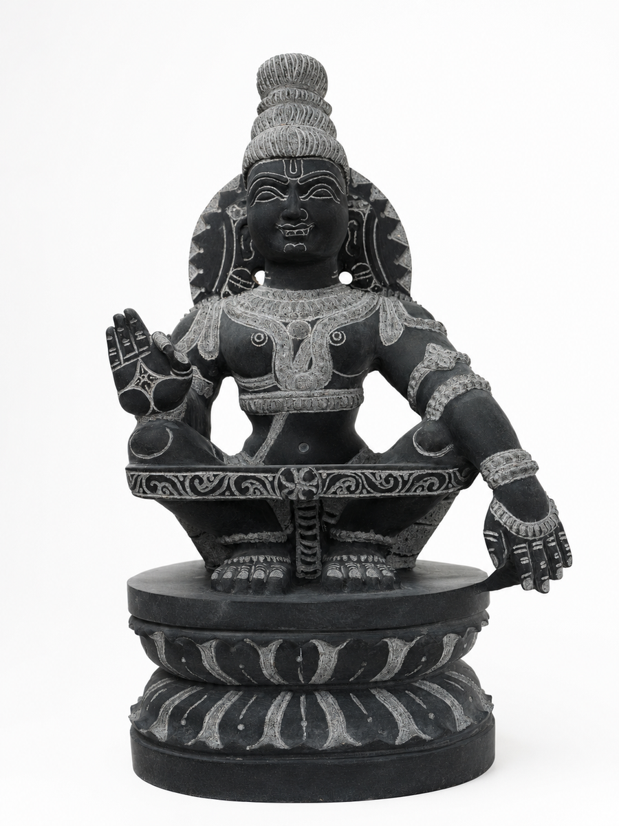 Hand-carved 2 ft Ayyappan statue in natural stone, product view 1 highlighting the sculpture and carved details.
