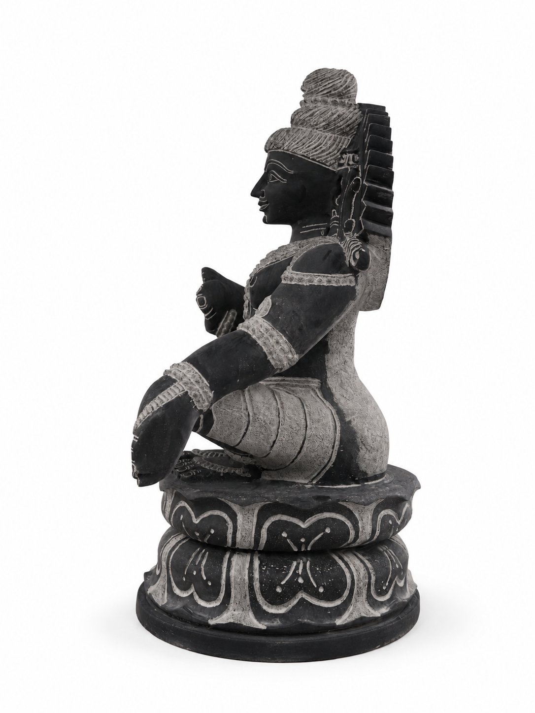 Hand-carved 2 ft Ayyappan statue in natural stone, product view 3 highlighting the sculpture and carved details.