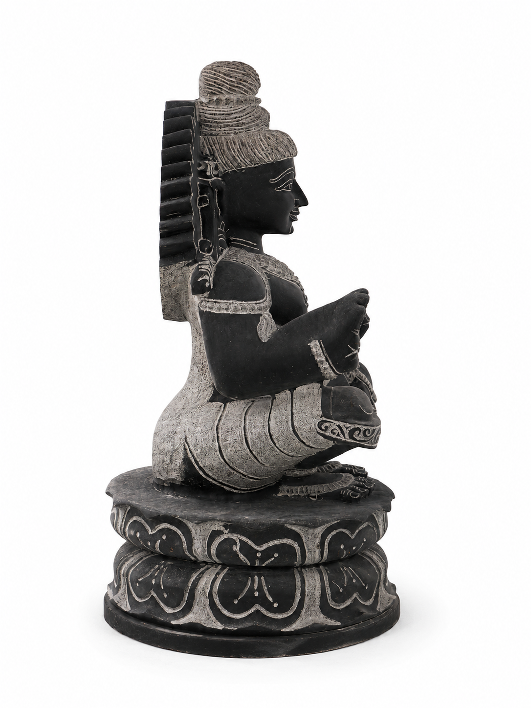 Hand-carved 2 ft Ayyappan statue in natural stone, product view 4 highlighting the sculpture and carved details.
