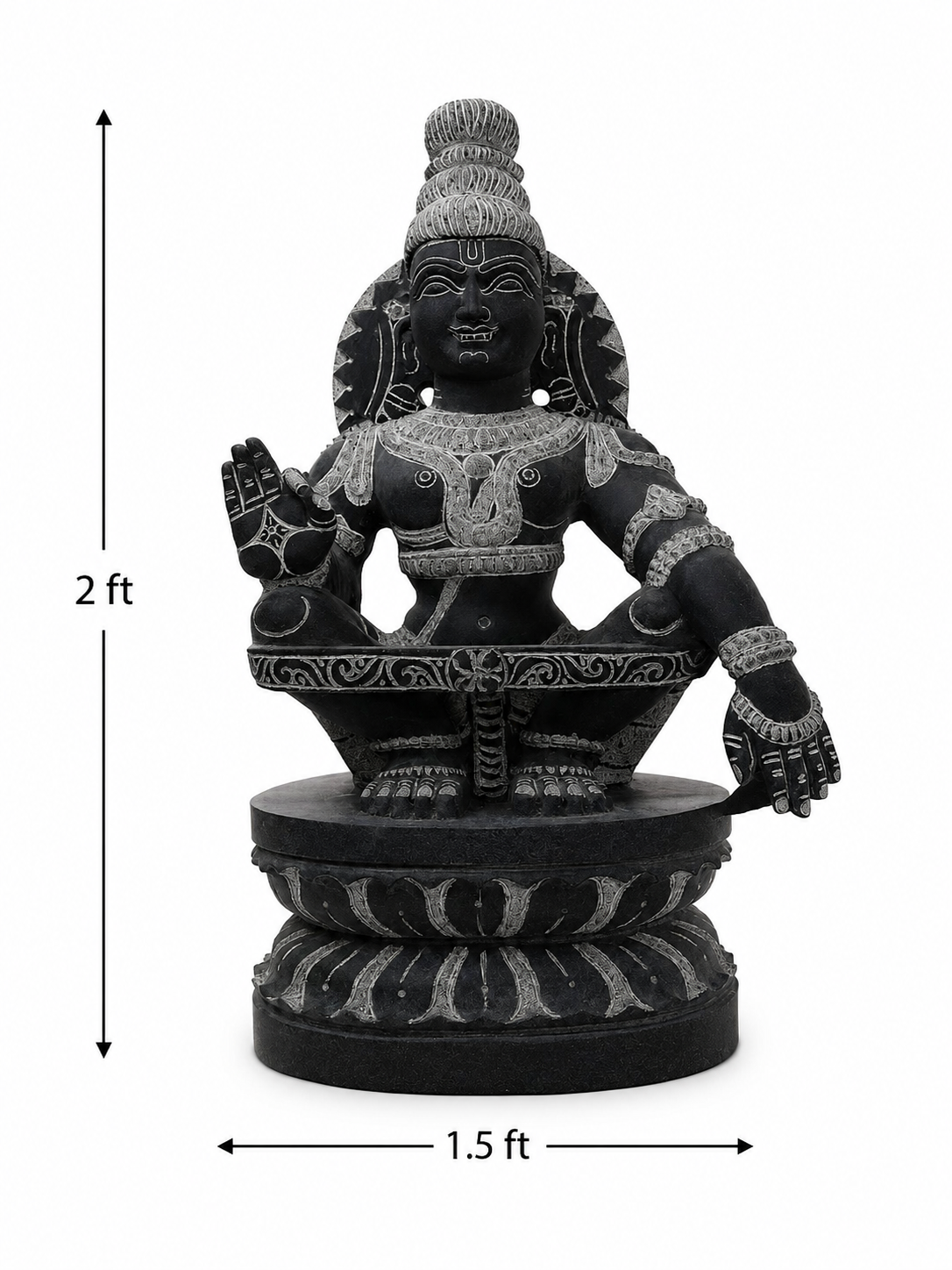 Hand-carved 2 ft Ayyappan statue in natural stone, product view 6 highlighting the sculpture and carved details.
