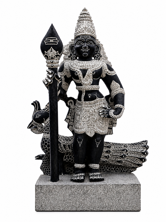 Hand-carved 2 ft Bala Murugan statue in natural stone, product view 1 highlighting the sculpture and carved details.