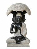 Hand-carved 2 ft Buddha under the Bodhi tree statue in natural stone, product view 1 highlighting the seated figure and tree canopy.