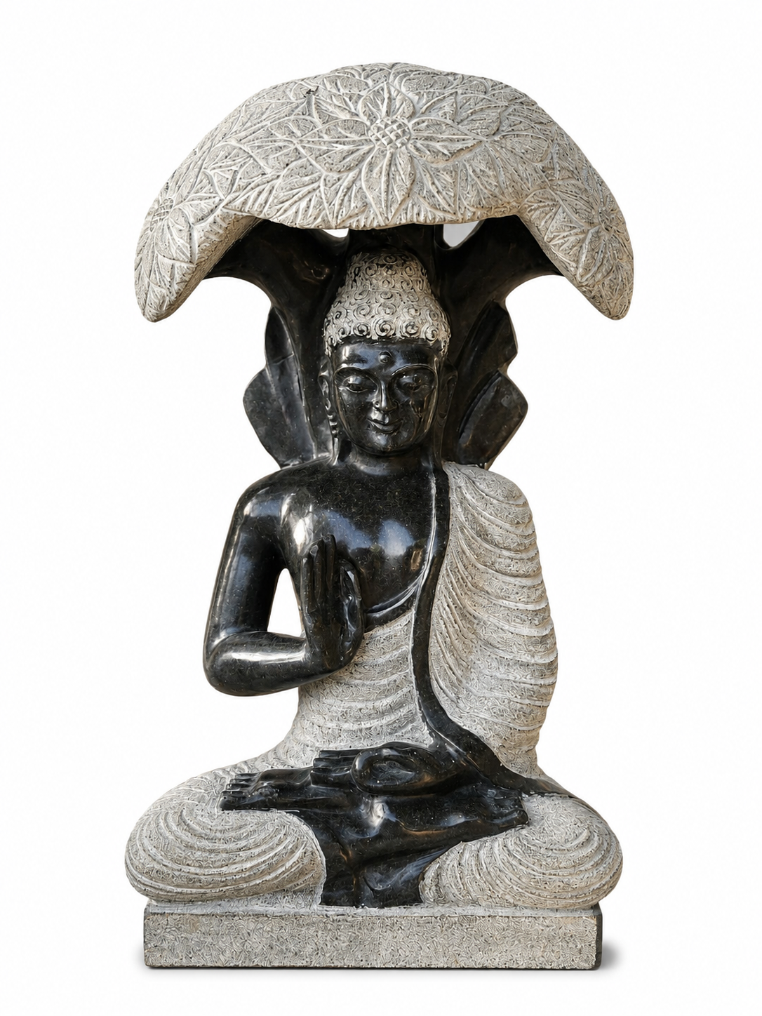Hand-carved 2 ft Buddha under the Bodhi tree statue in natural stone, product view 1 highlighting the seated figure and tree canopy.