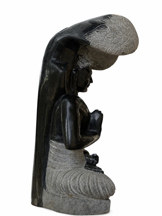 Hand-carved 2 ft Buddha under the Bodhi tree statue in natural stone, product view 2 highlighting the seated figure and tree canopy.
