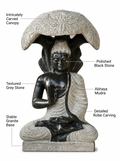 Hand-carved 2 ft Buddha under the Bodhi tree statue in natural stone, product view 3 highlighting the seated figure and tree canopy.