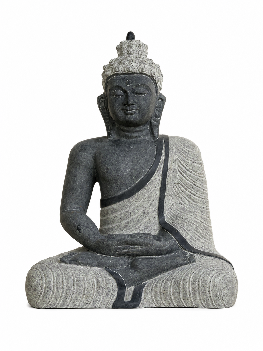 Hand-carved 2 ft Buddha statue in natural stone, product view 1 highlighting the meditative form and carved details.