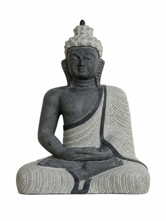 Hand-carved 2 ft Buddha statue in natural stone, product view 1 highlighting the meditative form and carved details.