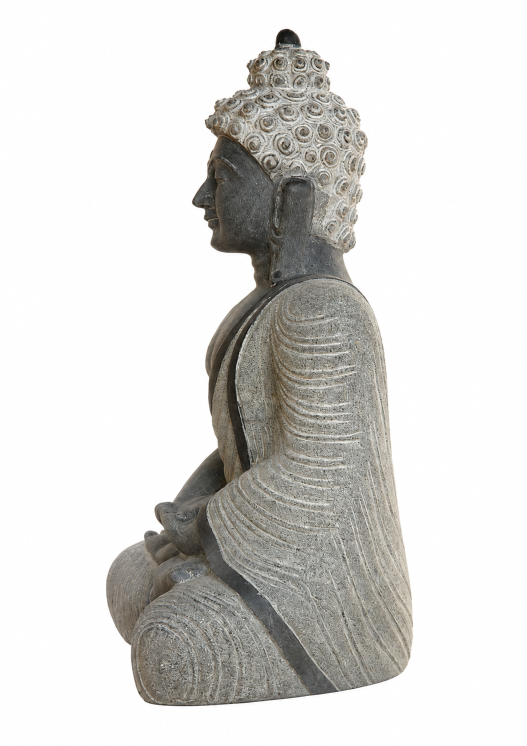 Hand-carved 2 ft Buddha statue in natural stone, product view 3 highlighting the meditative form and carved details.