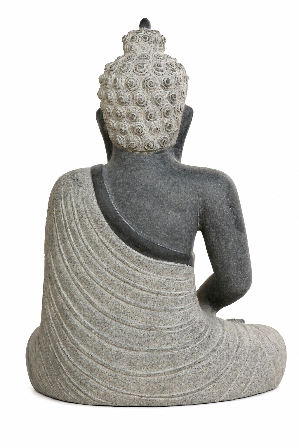 Hand-carved 2 ft Buddha statue in natural stone, product view 4 highlighting the meditative form and carved details.
