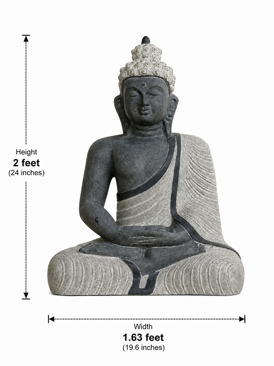 Hand-carved 2 ft Buddha statue in natural stone, product view 5 highlighting the meditative form and carved details.