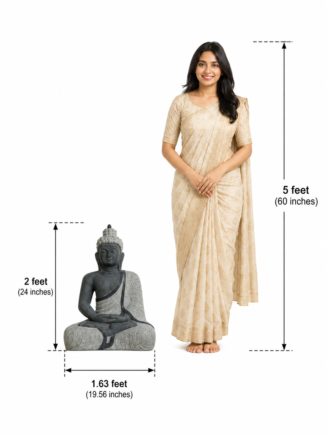 Hand-carved 2 ft Buddha statue in natural stone, product view 6 highlighting the meditative form and carved details.